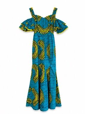 Danik Concepts Couture Turquoise & Yellow Off-Shoulder Maxi Dress – Small EUC